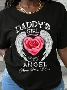 Calvaya Wings & Rose Graphic Letter Slogan Plus Size Round Neck Short Sleeve T-Shirt, Plus Size, For Summer - Black - View 3