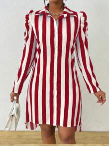 EMERY ROSE Casual Color Block Striped Bishop Sleeve Shirt Dress, Autumn