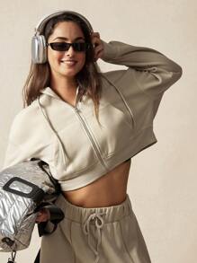 VARSITIE Fleece Hooded Metal Zipper Loose Cut Women Outdoor Jackets - Apricot - View 3