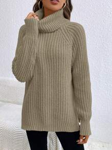 SHEIN LUNE High Neck Solid Color Casual Sweater With Side Slit Raglan Sleeves, Autumn/Winter - Khaki - View 5