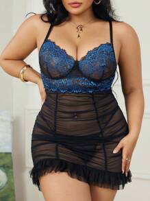 2 件套大码女士性感花卉蕾丝拼布内衣套装 - 藍色 - 查看 1