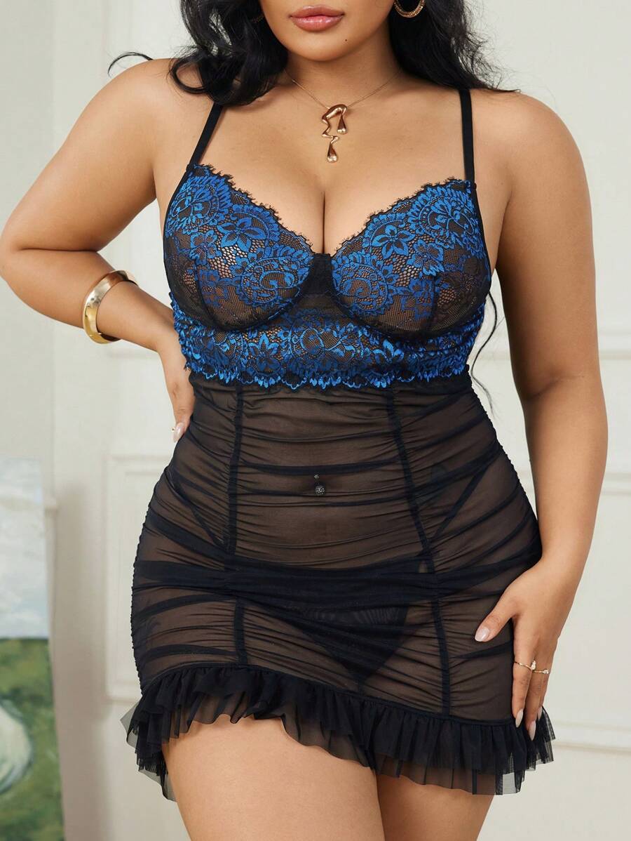 2 件套大码女士性感花卉蕾丝拼布内衣套装 - 藍色 - 查看 1