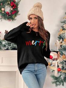 Chiquease Women's Letter Pattern Drop Shoulder Long Sleeve Pullover Sweater, Autumn/Winter Knit Pullover Fall Sweater - Black - View 3