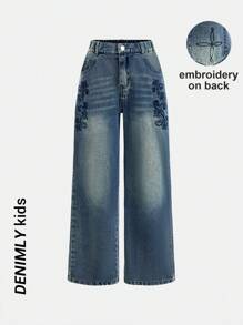 SHEIN Jeans dritti slim fit da ragazza tween, in stile boho vintage, con dettagli floreali ricamati, vita elastica e chiusura con bottone, cinque tasche classiche, stile cowboy alla moda e chic. - Blu lavato medio - Visualizzare 1