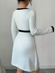 Elenzga 撞色饰边蝴蝶结前襟毛衣裙 - 白色 - 查看 3