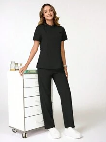 TaskEZ Stand Collar Slim Fit Simple /Nursing Scrub Uniform Set Scrub Set Nurse Dresses Scrub Tops Scrub Bottoms Lab Coats - Black - View 5