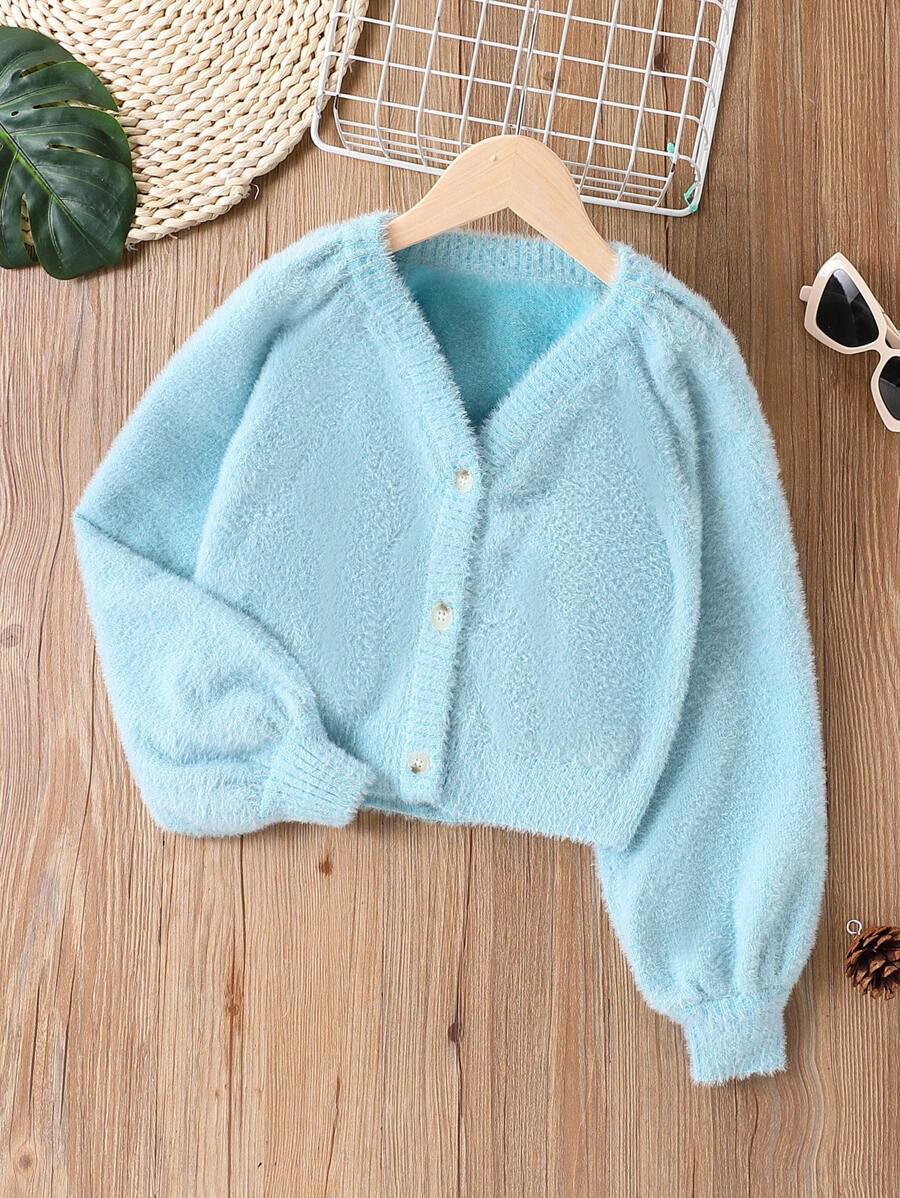 SHEIN Tween Girl' Plain Front Button Long Sleeve Casual Blouse - Blue - View 1