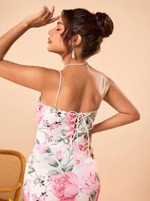 Neda Designer Multicolor Romantic Rose Floral Flower Print Bodycon Lace Trim Camisole Dress, Festival, Prom Dress, Brunch Outfits, Tea Party Dress