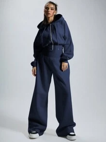 MUSERA 连帽拉链连体裤，收腰设计，休闲居家风，胶囊衣橱必备单品，适合日常穿着，秋冬季机场时尚，海军蓝圣诞拉链款