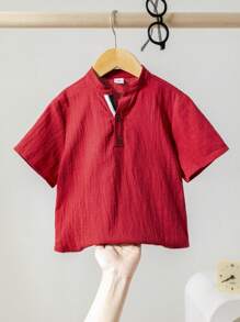SHEIN 1pc Young Boys Casual School Red Stand Collar Short Sleeve Shirt Top, Versatile & Comfortable, Suitable For Spring/Summer, Valentine, Party, Date