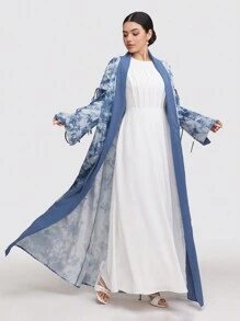 Al Najma Women's Tie-Dye Print Long Sleeve Loose Arabic Abaya Outerwear, Modest Robe