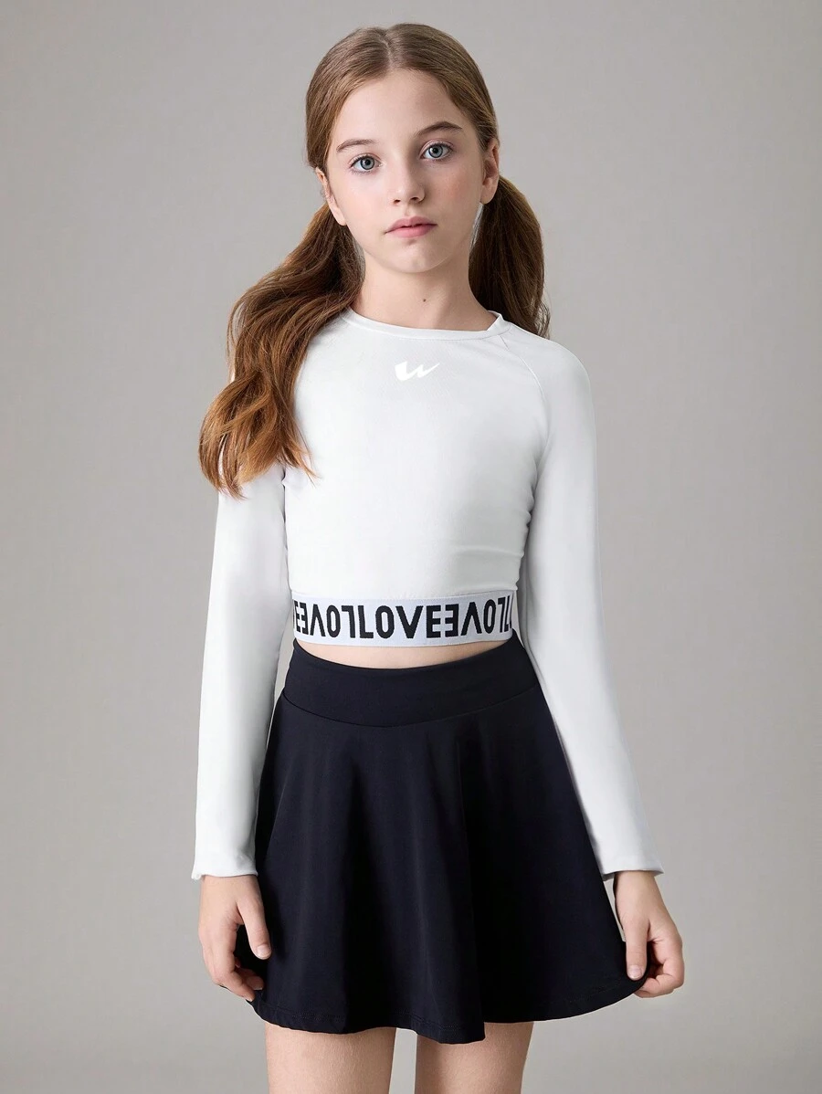 SHEIN 1pc Tween Girls Cropped Long Sleeve T-Shirt, Stretchy Athletic Exercise & Yoga Activewear - White - View 1