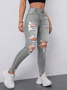SHEIN EZwear 女士休闲洗水破洞紧身牛仔裤 - 灰色 - 查看 1