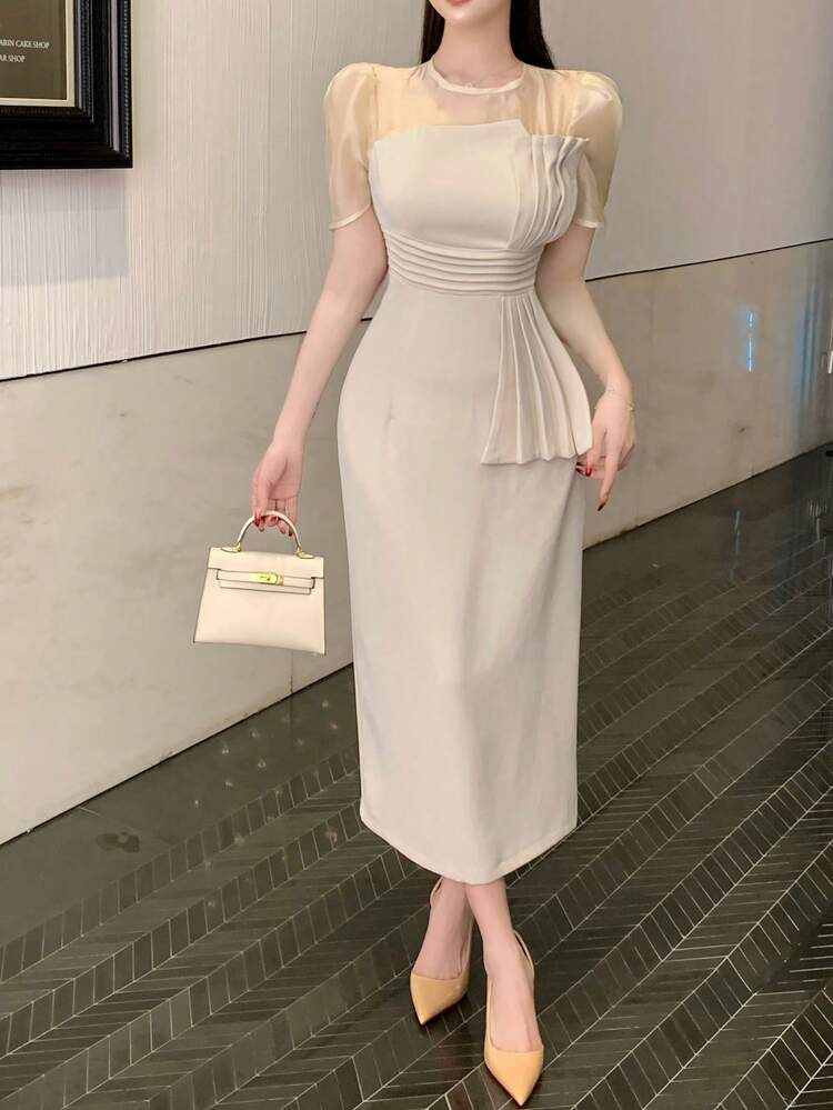 Women's Elegant Mid-Length Wedding Guest Dress With Net Patchwork & Ruched Puff Sleeves, Summer Prom Dress Sundress, Dress For Wedding Dress Off The Shoulder