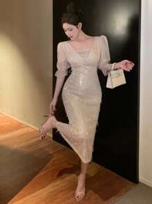 DAZY V-Neck Sequin Patchwork Mid-Length Women's Dress,Pink Autumn Elegant Birthday Party Prom Homecoming Luxury New Year Eve Carnival Sparkly Maxi Dress - Apricot - View 9