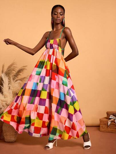 SHAQUITA GARCIA 设计师波西米亚风多色可爱图案印花休闲细肩带太阳裙、音乐会服装度假、春夏、节日、热带、海滩、女士、音乐会、优雅、伊比沙岛装、婚礼舞会礼服