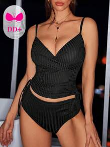 Swim DD+ Conjunto de parte superior con tirantes de espagueti y sostén y bikini a juego de unicolor, serie DD, atuendo para playa para mujer