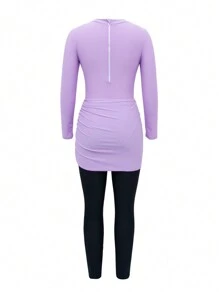 Swim Mulvari 2025 Middle East Style Women's 3-Piece Modest Swimwear Set - Ruched Long Sleeve Top, Pants, And Cover Up Skirt - Burkini Swimsuit Set, For Summer Beach VacationArabic Clothing - Purple - View 6
