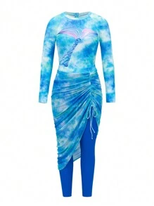 Swim Shayni 2024 年夏季三件套泳衣套装：长袖上衣、长裤和花卉印花连体泳衣（带裹身裙）、保守阿拉伯/布基尼泳装阿拉伯服装 - 彩色 - 查看 6