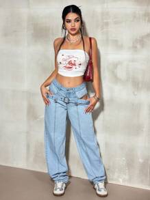 SHEIN EZwear Quần denim rách hở lưng thiết kế khóa cài cổ điển cho nữ - Rửa nhẹ - Xem 2