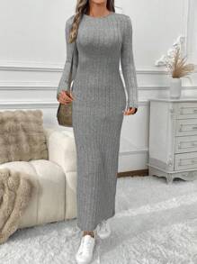 SHEIN LUNE 女士保暖内衬罗纹针织长款紧身连衣裙，黑色，秋冬款 - 灰色 - 查看 3