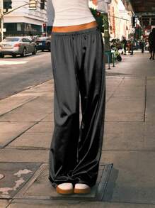 Easelle 女士纯色松紧腰休闲裤，日常穿着 - 黑色 - 查看 1