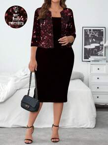 SHEIN Clasi 2pcs Set Plus Size Casual Shiny Outfit Suitable For Autumn/Winter Disco, Stage Dancing - Burgundy - View 1