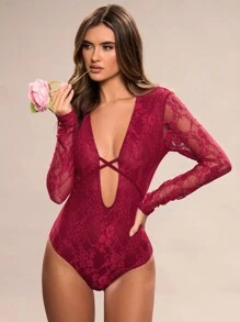 SHEIN BAE ชุดบอดีสูทเซ็กซี่สีเข้ม ปักลายดอกไม้ คอวี ปลายยาว แขนยาว รายละเอียดผูกเชือก สำหรับใส่ในงานเลี้ยง วันวาเลนไทน์ งานปาร์ตี้ มิวสิกเฟสติวัล - สีไวท์แดงหม่น/สีเบอร์กันดี - ดู 5