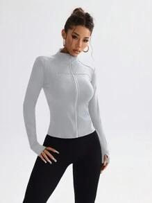 Gameset SHEIN Sport 修身弹力运动跑步夹克，带拉链，休闲生活瑜伽运动服 - 灰色 - 查看 4