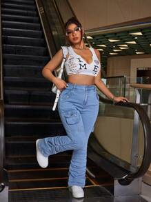 SHEIN ICON Plus Size Front Button Pocket Simple Design Casual Denim Jeans - Light Wash - View 5