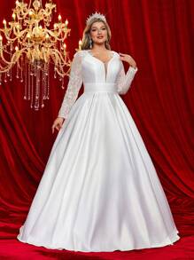 Glamrae Plus Size Elegant Romantic Lace Applique Tie Strap Ruffle Hem Trailing Wedding Dress,Bride, For Valentine's Day - White - View 1