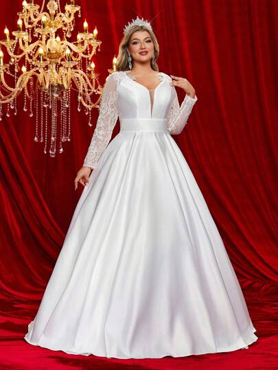 Glamrae Vestido de novia elegante y romántico con aplicaciones de encaje, tirantes con lazo y volantes en el bajo con cola, para novia de talla grande, para el Día de San Valentín