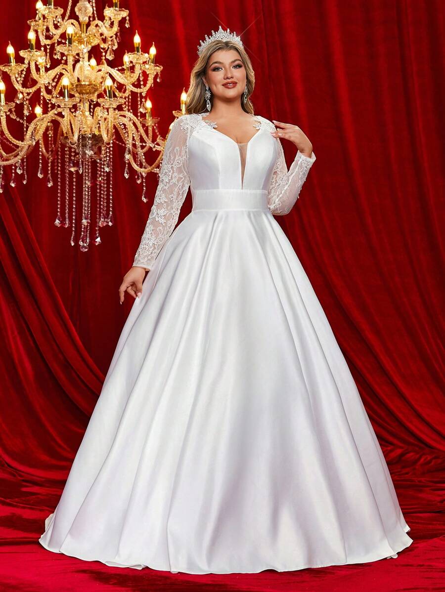Glamrae Plus Size Elegant Romantic Lace Applique Tie Strap Ruffle Hem Trailing Wedding Dress,Bride, For Valentine's Day - White - View 1