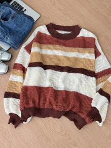 SHEIN Frenchy Plus Size Elegant Casual College Style Striped Contrast Color Round Neck Loose Basic Hollow Out Vacation Casual Pullover Sweater Fall/Winter - Multicolor - View 2