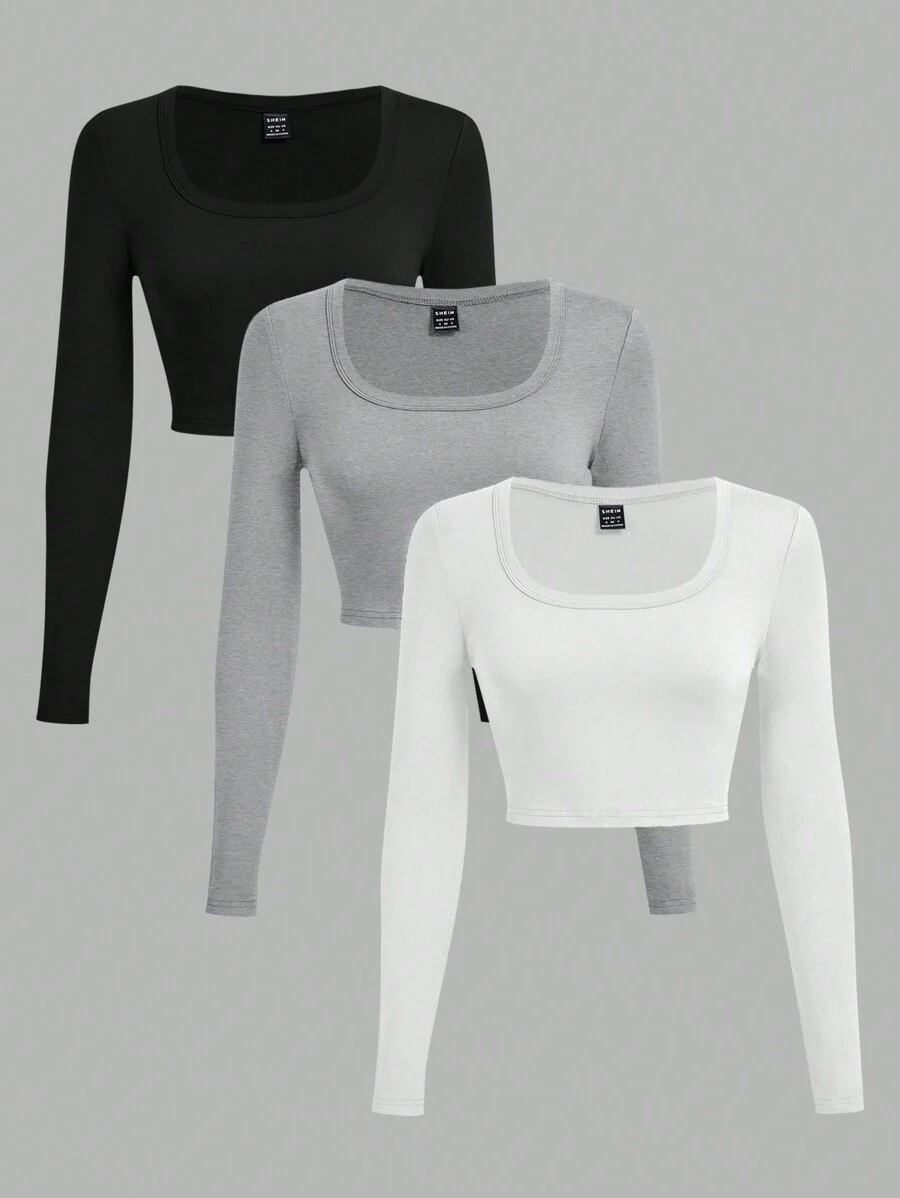 SHEIN EZwear 3pcs/Set Casual U-Neck Form-Fitting Cropped Long Sleeve T-Shirts, Black-White-Gray, Suitable For Spring And Autumn And Winter