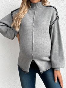 SHEIN Women's Knitted Turtleneck Long Sleeve Maternity Sweater, Winter - Grey - View 4