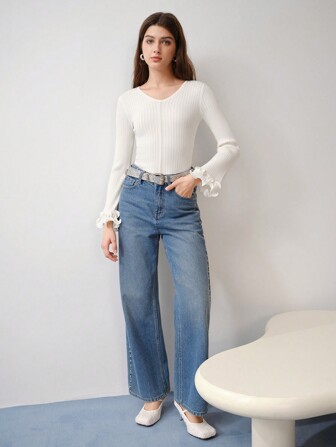 MOTF STUDIO RIBBED KNIT FLARE SLEEVE SWEATER, LONG SLEEVES, OPEN WORK SWEATER, LIGHT WEIGHT