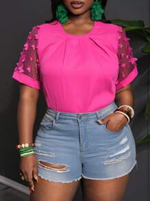 Slaydiva Plus Size Summer Elegant & Commute & Party Loose Solid Rose Red Short Sleeve Mesh Butterfly Appliques Blouse, Spring/Autumn - Hot Pink - View 4