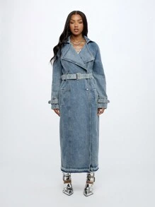SUMWON WOMEN Luxury Designer Denim Trench Coat Full Length Belted Statement Outerwear High Fashion Double Breasted Maxi Winter Street Style Jacket - Blue - View 1