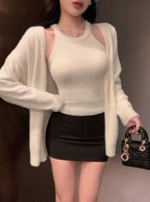 DAZY 2pcs Set: Solid Color Bodycon Tank Top And Loose Cardigan For Women,Fall Clothes Women Sweater - Beige - View 8