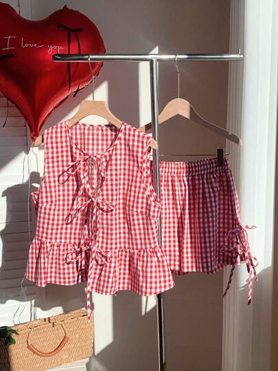 Comfortcana 2pcs Women Plaid Lace-Up Camisole And Shorts Clothes Set, Valentine's Day