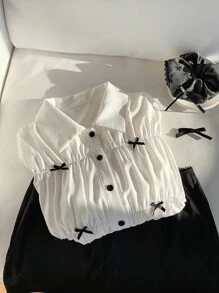 Comfortcana 女式秋季蝴蝶结装饰长袖褶皱休闲衬衫 - 白色 - 查看 3