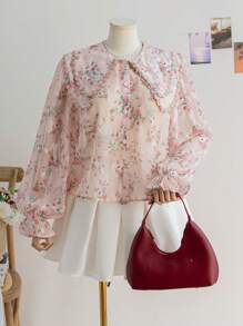 Soleia Women's Plus Size Rose Print Sheer Layered Frill Trim Long Sleeve Blouse, Suitable For Vacation, Autumn/Winter, Valentine's Day