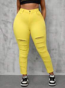 SHEIN SXY Plus Size Women Stretchy Yellow Distressed Skinny Jeans