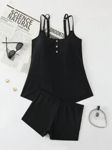 Swim Lushoire 夏季 2 件套 女士纯色纽扣性感收腹分体泳衣 - 黑色 - 查看 4