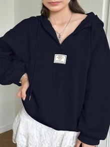 INAWLY 大码休闲字母拼接落肩宽松连帽卫衣，春秋套头衫，秋冬款 - 寶藍色 - 查看 4