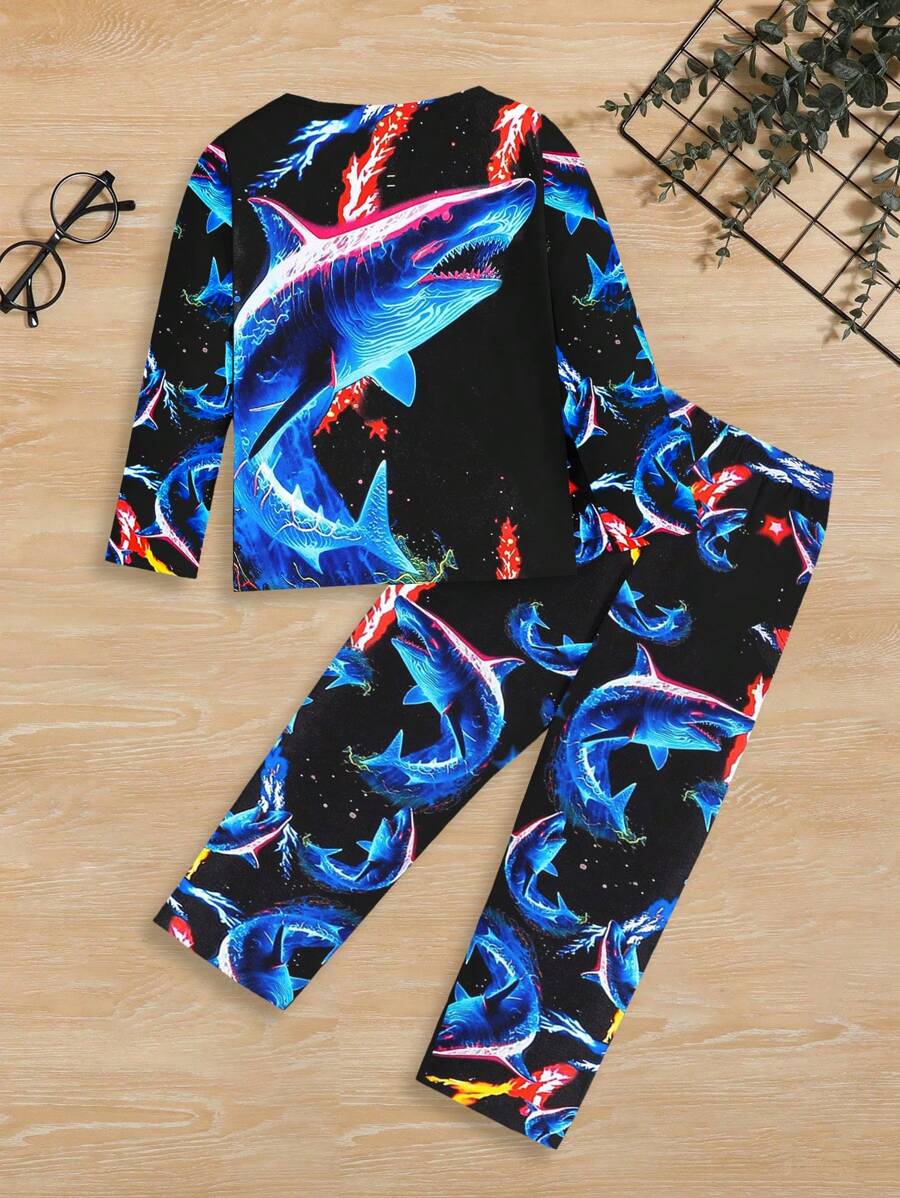 2 Piece Sets Snug Fit Night Wear Kids Tween Boy Glow-In-The-Dark Shark Print Solid Color Long Sleeve Loungewear Set .This Product Requires UV Light Exposure To Glow. - Black - View 1
