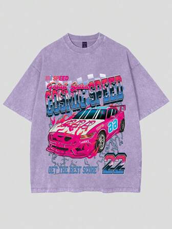 Street Life Camiseta de manga corta de verano con estampado de coche de carreras en estilo vintage lavado, de estilo urbano de alta calle para hombre