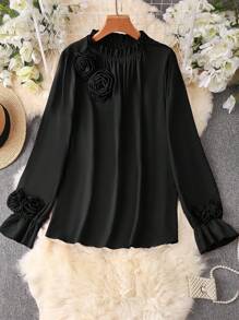 Celure Plus Size 3D Floral Decor Simple Casual Long Sleeve Shirt - Black - View 1