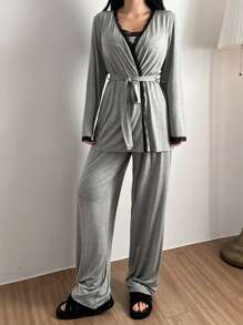 DAZY 3pcs/Set Lace Patchwork Pleat Design Belted Robe, Camisole Top & Long Pants Pajamas Set, Fall Winter Clothes - Grey - View 6